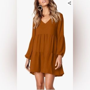 V neck lantern long sleeves A line style casual dress.